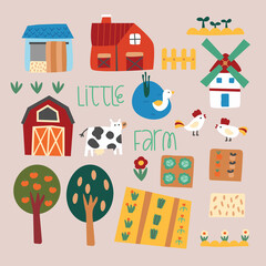 illustration of a farmhouse. cute farm animal. farm village design elements.