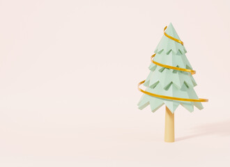 Christmas tree with ribbon decorations cartoon pines for banner greeting card on pink pastel background, New Year's and Xmas traditional symbol tree, Winter holiday icon, 3D rendering illustration