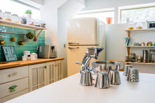Food processor on kitchen island in cooking class