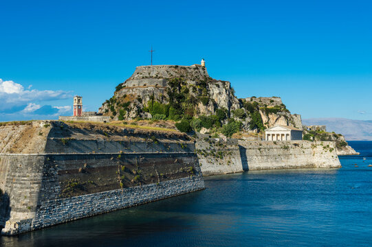Old fort against blue sky in Corfu town, Ionian islands, Greece