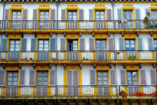 Spain, Gipuzkoa, San Sebastian, Balconies of residential building standing at Plaza de la Constitucion
