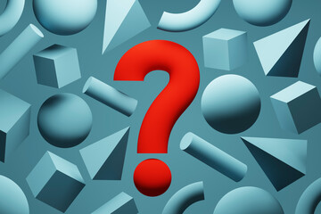 Three dimensional render of question mark surrounded by geometric shapes