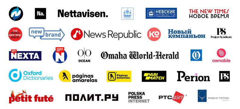 logos of the press and news channels, logos of famous brands, badges with company logos