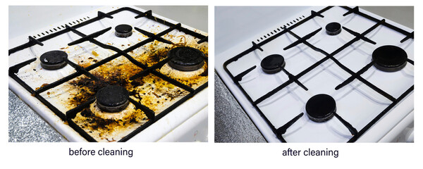 Before and after cleaning. Result of cleaning very dirty white kitchen gas stove side view. Example of successful operation of cleaning products, advertising of cleaning products, cleaning company. - obrazy, fototapety, plakaty
