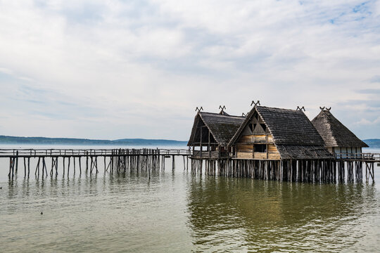 Germany, Unteruhldingen, Stilt houses on Lake Constance open-air archeological museum
