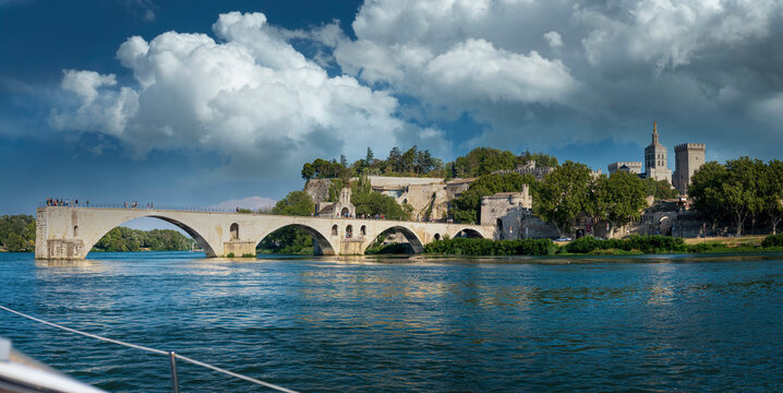 France, Vaucluse, Avignon, Panorama of clouds over river Rhone and Pont Saint-Benezet