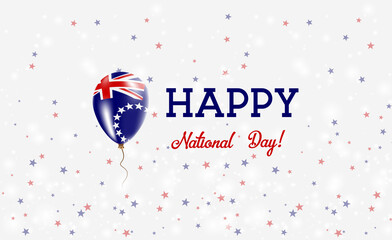 Cook Islands National Day patriotic poster. Flying Rubber Balloon in Colors of the Cook Islander Flag. Cook Islands National Day background with Balloon, Confetti, Stars, Bokeh and Sparkles.