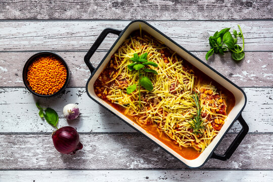 Aubergine lasagne in a casserole