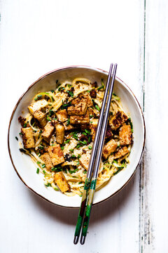 Vegan sesame peanut stir fry with zoodles and tofu