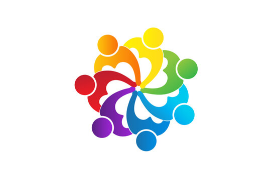 Teamwork unity love heart people logo charity nonprofit organization diversity concept vector image design seven people in a hug