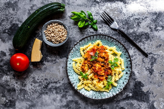 Spirelli with vegetarian bolognese, sunflower mince, zucchini, tomato, parmesan and basil