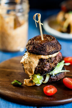 Close-up of fresh burger on serving tray