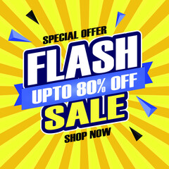 Flash sale banner design template text on yellow background, up to 80% off shop now, special offer. Vector, Illustrations