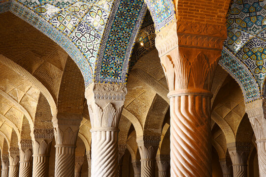 Iran, Fars Province, Shiraz, Columns and ribbed vaulting of Vakil Mosque