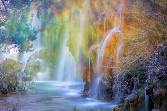 Long exposure of waterfalls on Rio Cuervo riverCuenca province, Castilla-La Mancha, Spain