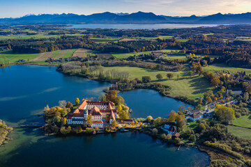 Germany, Bavaria, Seeon-Seebruck, Aerial view of Seeon Lakes and Seeon Abbey