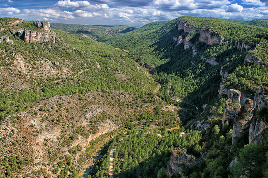 Spain, Province of Guadalajara, Scenic view of Tagus river winding along forested valley in Alto Tajo Nature Reserve