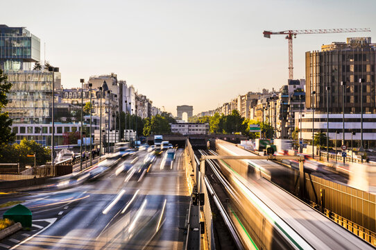 Rust hour at Arc de triomphe against clear sky, Paris, France