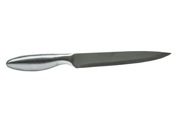 Long kitchen knife with steel handle insulated on white background