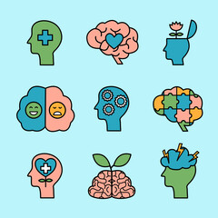 Mental health icon set vector illustration. Mental illness. Psychotherapy.