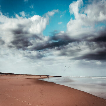 France, Nouvelle-Aquitaine, Contis, Storm clouds over Contis Plage beach