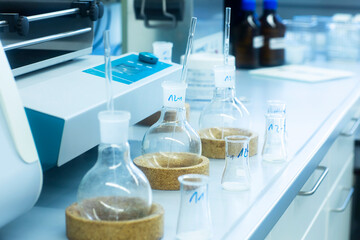 Laboratory glassware on table in lab