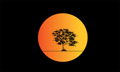Tree illustration logo design at sunset