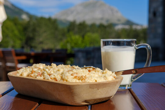 Montenegro, Popara with milk on wooden table