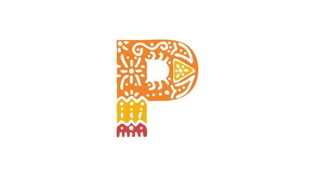 Letter P. Ethnic ornament, national pattern in letter. 3 colors. 4K video. Isolated on white background. Cartoon Animation. Capital Letter P for education, erudition, ABC, software, interface game.