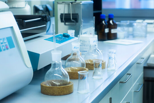 Laboratory glassware on table in lab