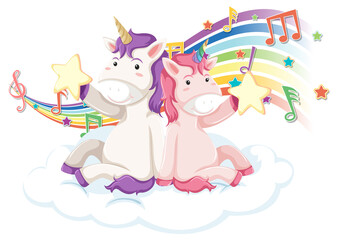 Two unicorns with melody symbols on rainbow
