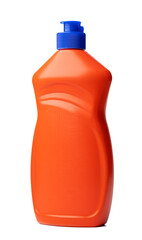 Orange plastic bottle of liquid detergent isolated on white