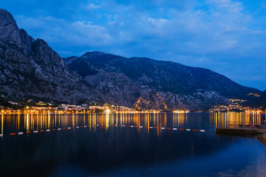 Montenegro, Bay of Kotor, Dobrota and Kotor at blue hour