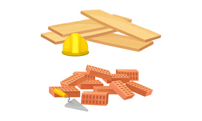 Building construction materials set. Wooden timber plank, bricks vector illustration