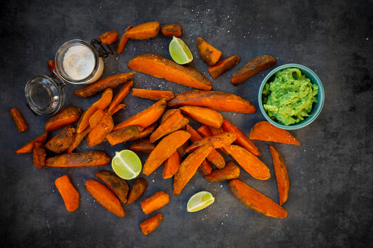 Sweet potato wedges with avocado dip and fleur de sel