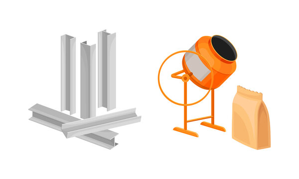 Building construction materials set. Metal reinforcement, concrete mixer vector illustration