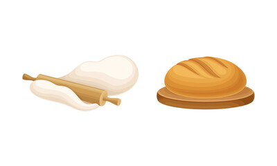 Baking bread process set. Roll out dough with rolling pin and freshly baked bread vector illustration