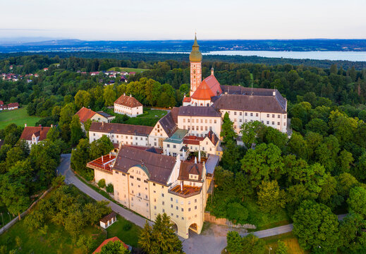 Aerial view of Andechs Monastery in Upper Bavaria at Germany