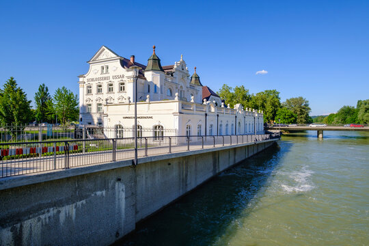 Ussar Villa with river Isar, Landshut, Lower Bavaria, Germany