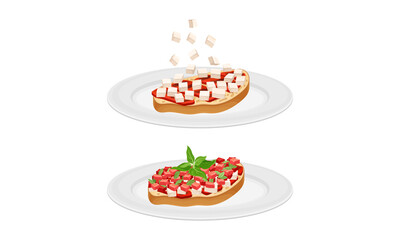 Bruschetta cooking set. Toast bread slices with tomato, cheese and meat ingredients vector illustration