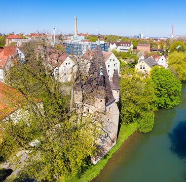 Germany, Augsburg, Jakobervorstadt, Fuenfgratturm near city moat