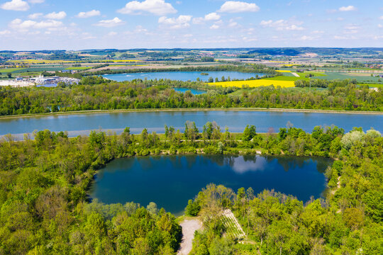 Pond, Lake Woerth and Isar at Woerth an der Isar, Bavaria, Germany, drone shot