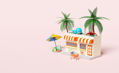 Fototapeta na wymiar building shop store front with beach chair,umbrella,lifebuoy,palm,cart,whale,crab,pool isolated on pink background.online shopping summer sale concept ,3d illustration or 3d render