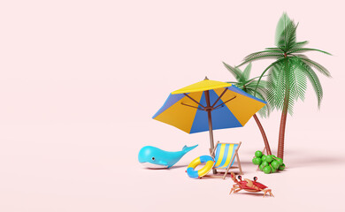 Fototapeta na wymiar summer travel with beach chair,umbrella,palm tree ,coconut,whale,crab,lifebuoy isolated on pink background.shopping summer sale concept,3d illustration,3d render