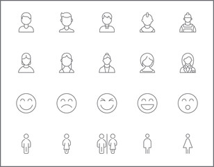 Set of People and Avatar line style. It contains such as Character, men, women, emoji, face, uniform and other elements.