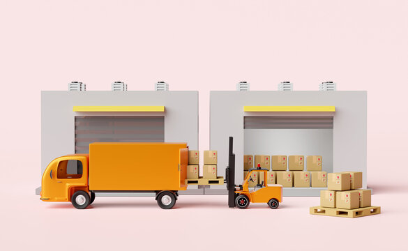 building warehouse with forklift for import export,goods cardboard box, pallet,truck isolated on pink background,logistic service concept ,3d illustration or 3d render