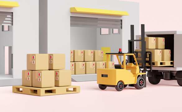 building warehouse with forklift for import export,goods cardboard box, pallet,truck isolated on pink background,logistic service concept ,3d illustration or 3d render