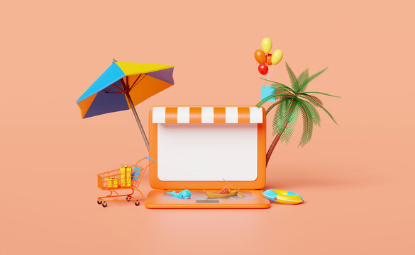 laptop computer monitor with store front,palm tree,cart,shopping paper,balloon,lifebuoy,whale,boat,gift box isolated on orange background.online shopping summer sale concept, 3d illustration,3d render