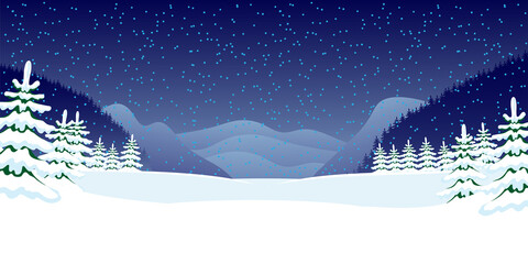 Illustration of winter nature with snow covered trees and mountains.
