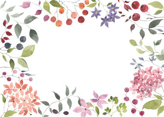 Card with flowers, berries and leaves, watercolor colorful illustration isolated on white background, floral frame for your greeting or invitation card, banner, poster or cover, wedding wild garden.